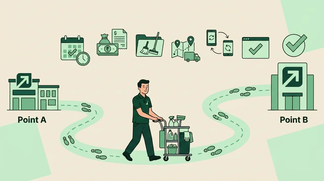Checklist illustration of the six-step migration from Jobber to CleanerHQ