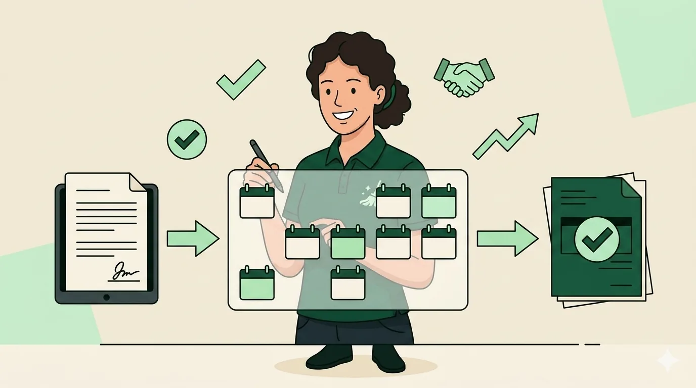 Workflow from signed commercial cleaning contract to recurring schedule and first invoice