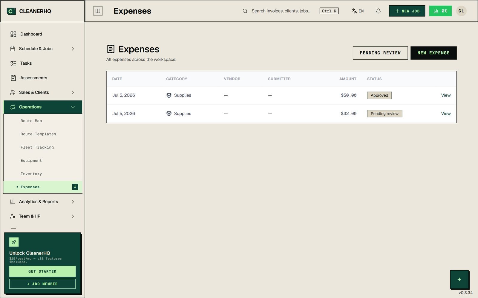CleanerHQ expense tracking for a cleaning business with categories, approval statuses, and pending review workflow