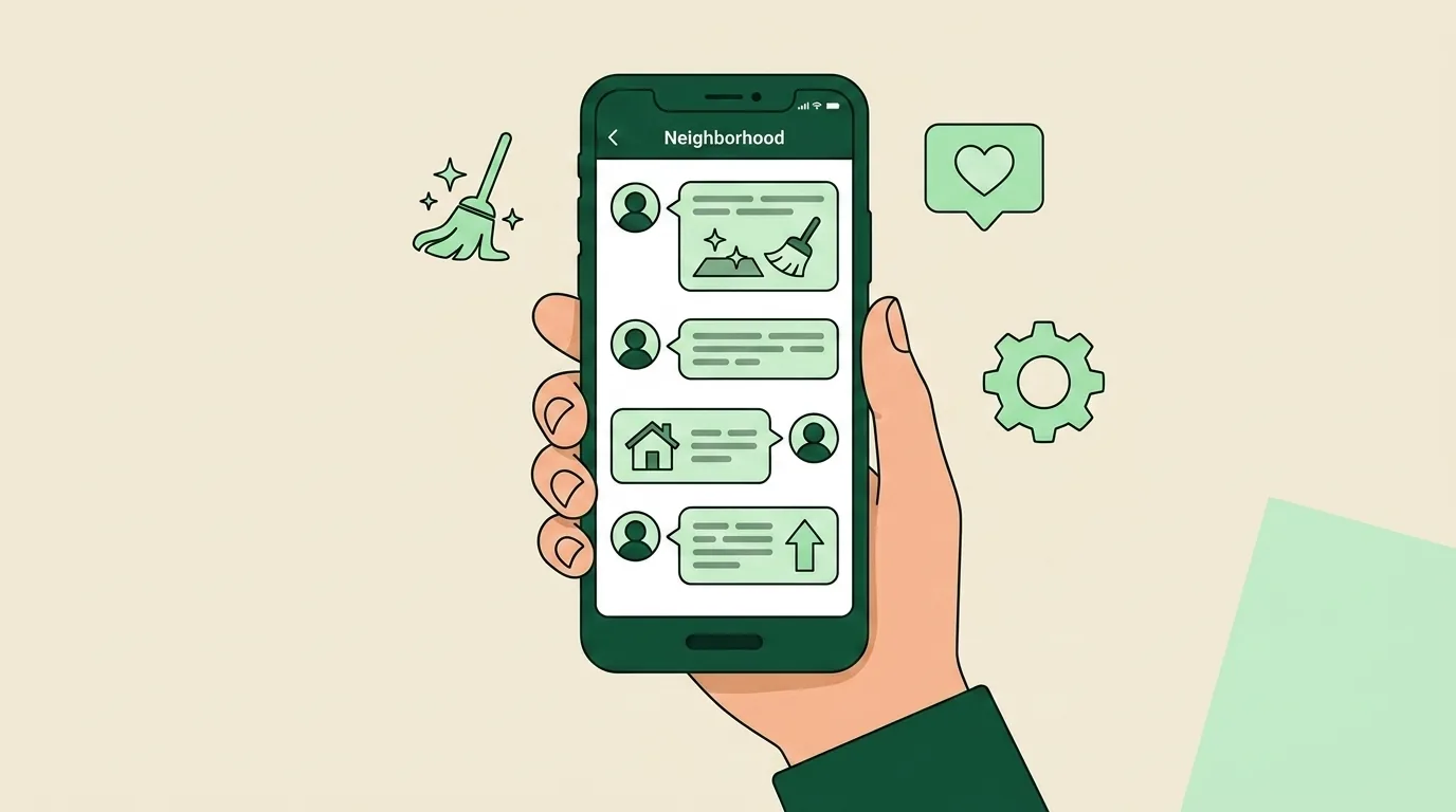 Phone showing a neighborhood social feed with a cleaning service recommendation thread