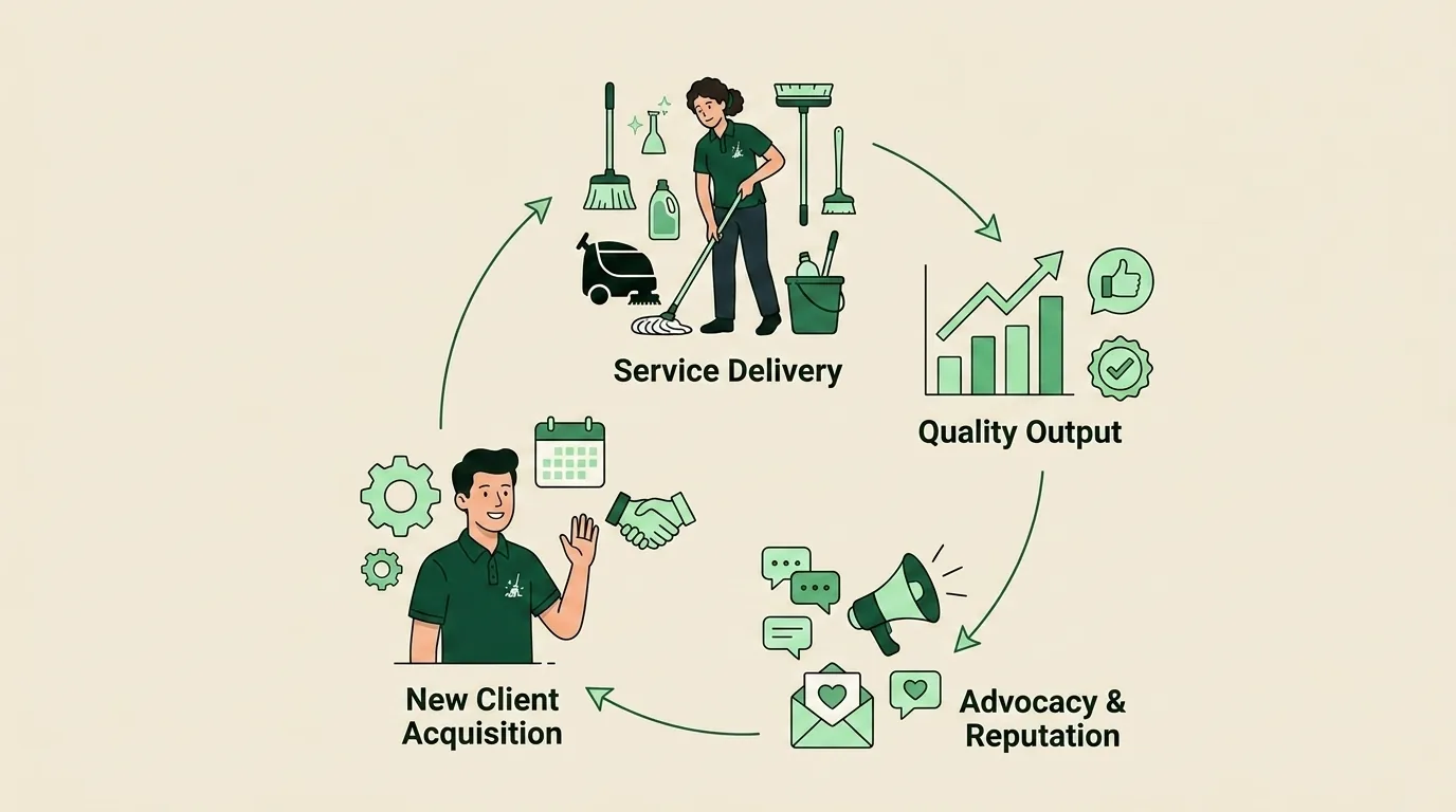 Flywheel diagram showing cleaning jobs producing reviews and referrals that bring new clients