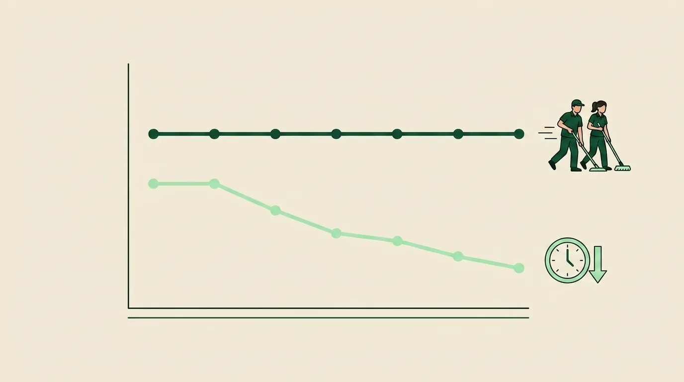 Line chart showing flat-rate revenue holding steady while hourly revenue declines as crew speed improves