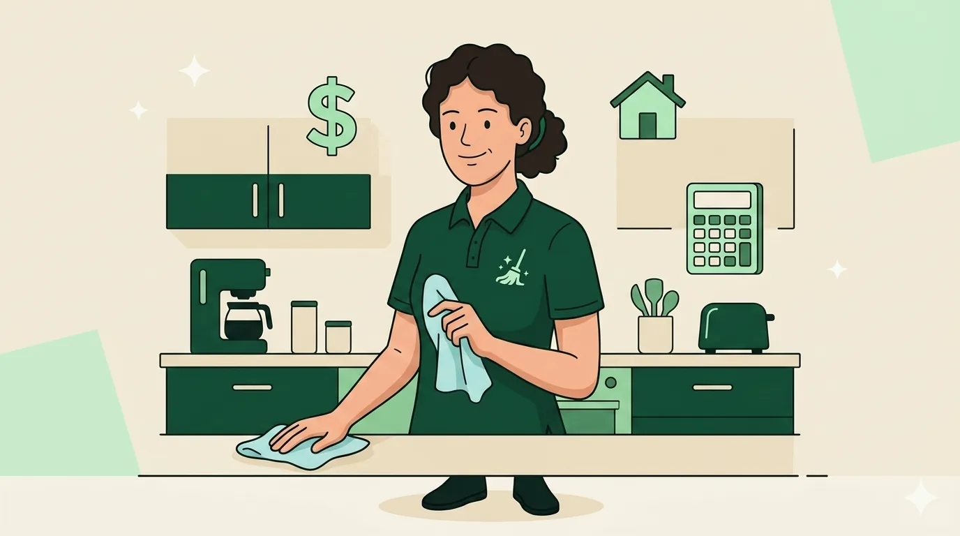 Professional house cleaner wiping a kitchen counter in a bright modern home