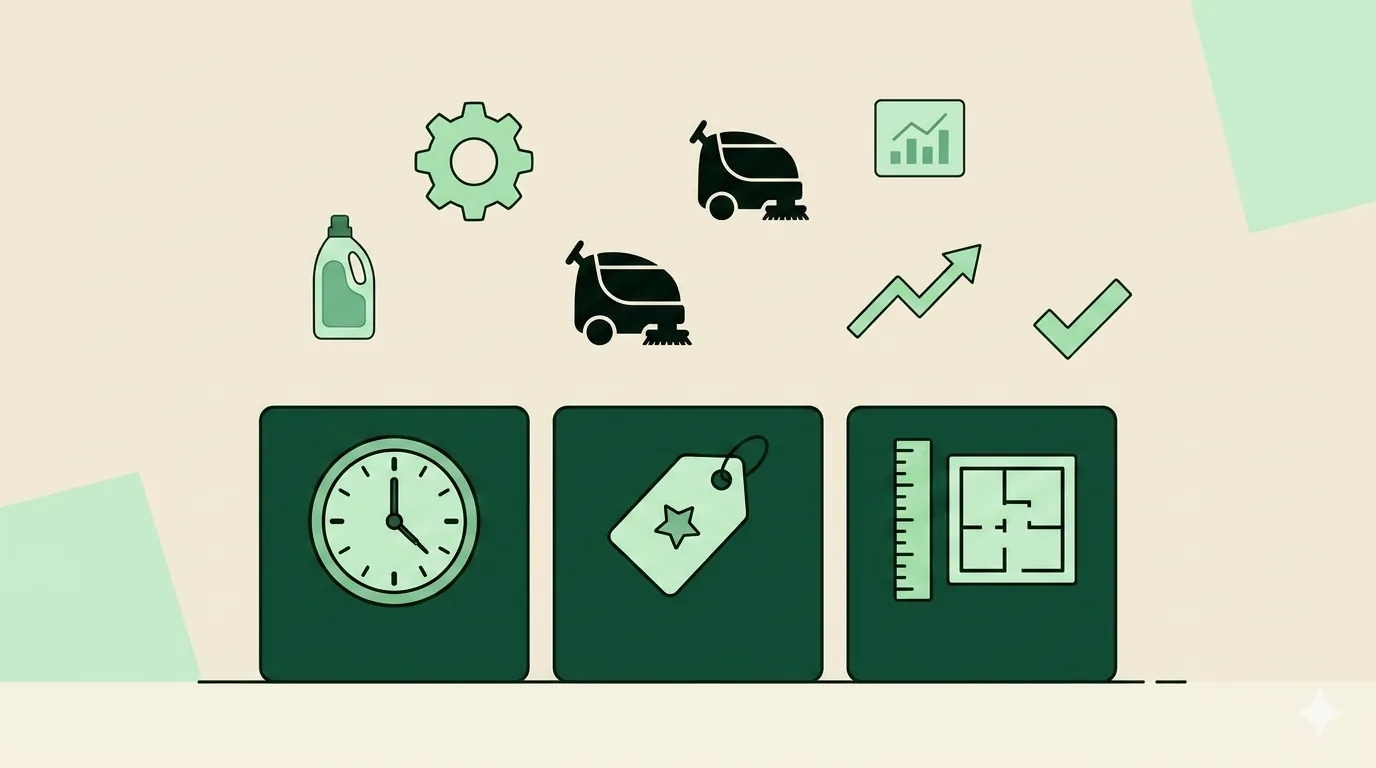Side-by-side illustration comparing hourly, flat rate, and per-square-foot pricing models for house cleaning