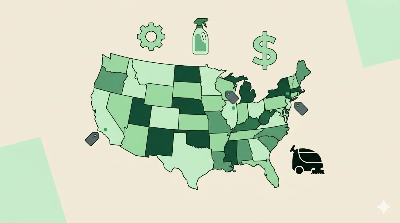 Stylized US map showing regional house cleaning price adjustment tiers from coastal metros to rural markets