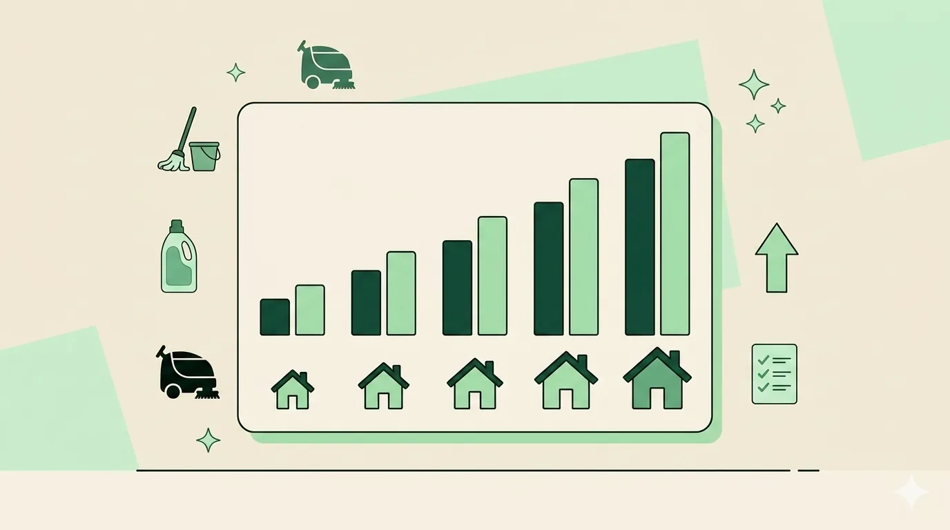 Bar chart of 2026 house cleaning rates by number of bedrooms, showing low and high range per visit