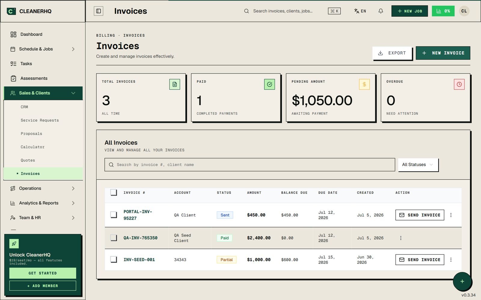 CleanerHQ invoices dashboard for a cleaning business showing paid, pending, and overdue totals with invoice statuses