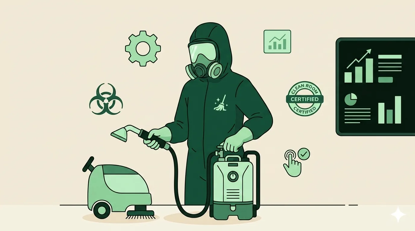 Cleaning technician in PPE handling specialty cleanup work in a regulated environment