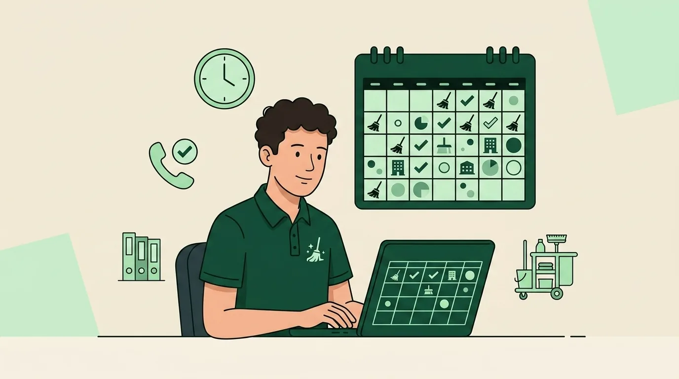 Dispatcher reviewing a packed month-end cleaning schedule on a wall calendar and laptop