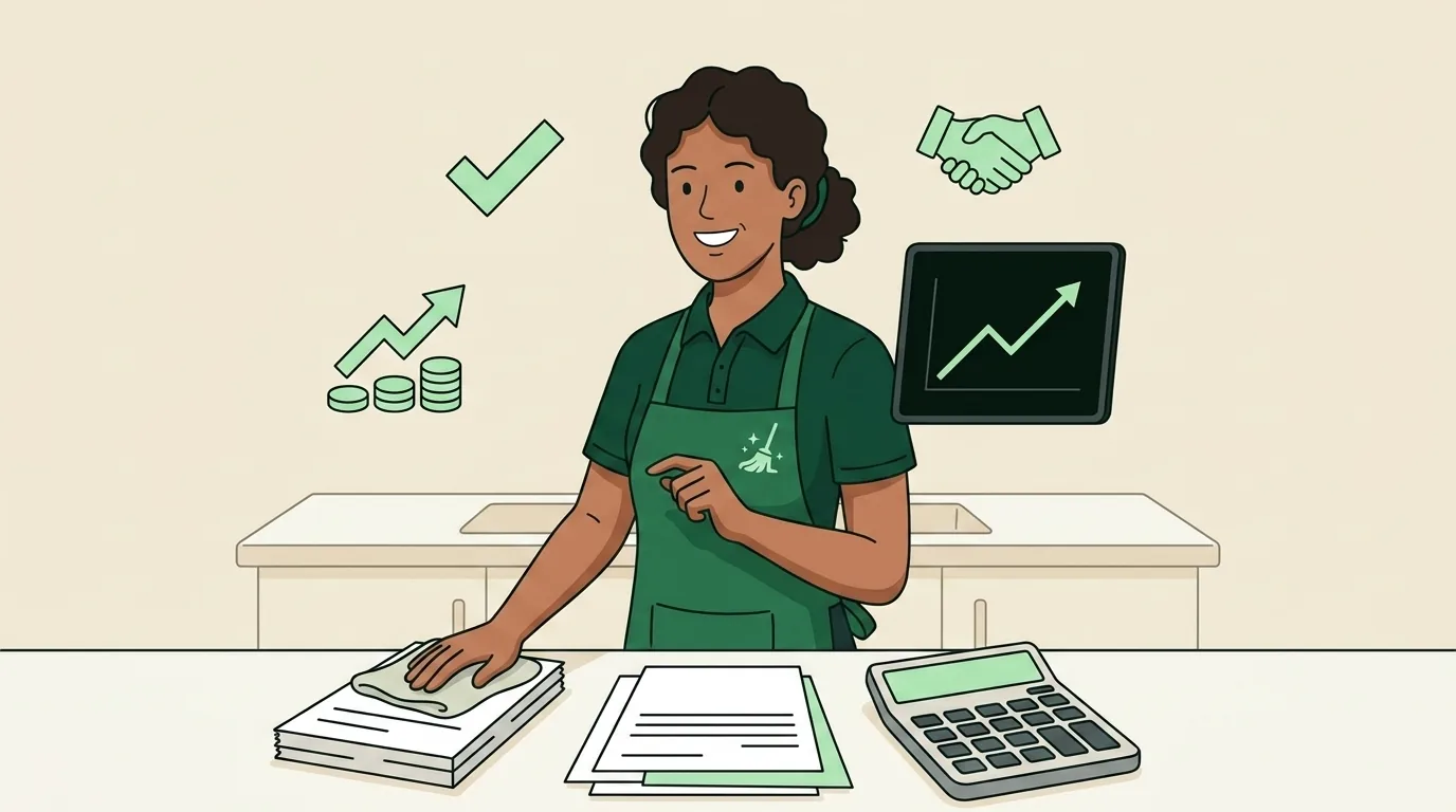 Professional cleaner wiping a bright kitchen counter with financial documents and a calculator in the foreground