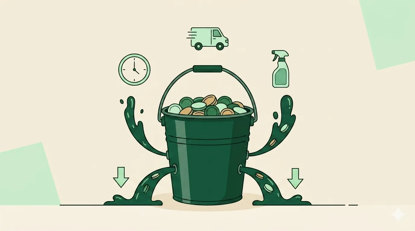Editorial illustration of three leaks draining a bucket of coins labeled by icons for a clock, a van, and a spray bottle