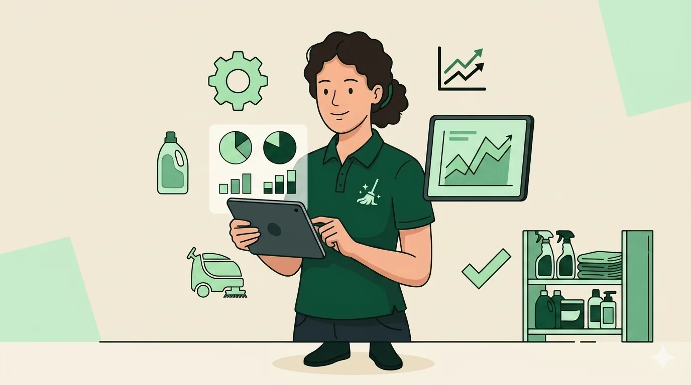 Cleaning business owner comparing per-job profit margins on a tablet while standing beside a supply shelf
