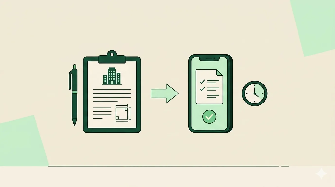 Workflow from walkthrough to AI-generated cleaning proposal on a phone, manual versus automated time comparison