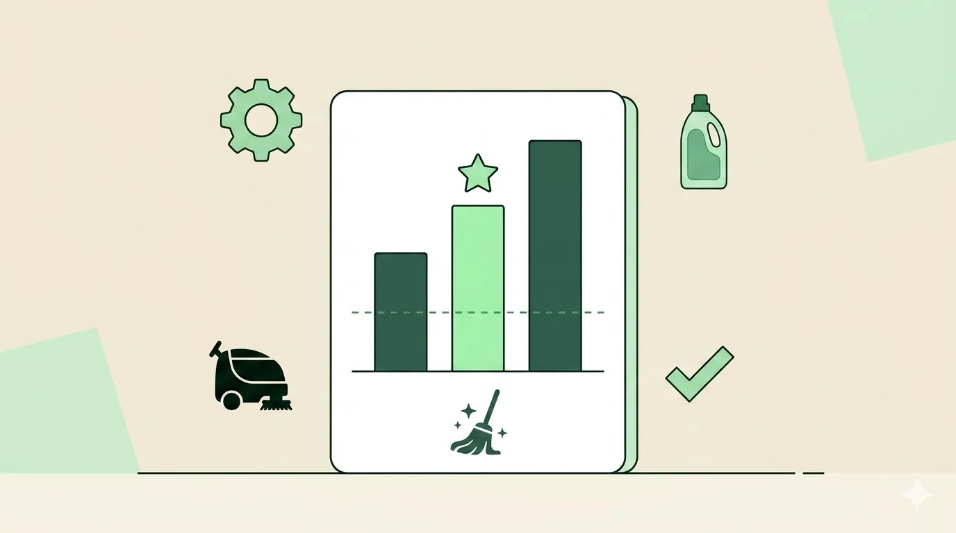 Bar chart comparing Essential, Standard, and Premium monthly pricing options in a cleaning proposal