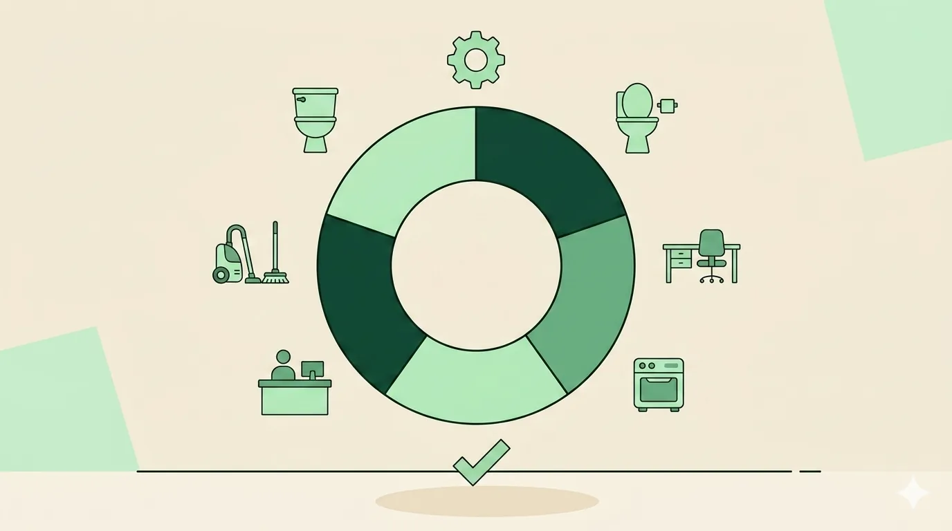 Donut chart showing 100-point cleaning inspection rubric weights across five zones