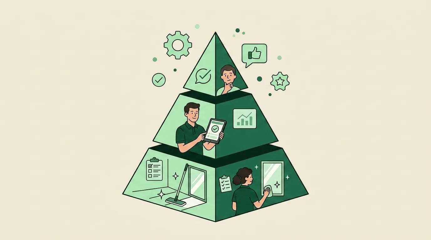 Three-tier inspection pyramid, cleaner self-checks, supervisor scored inspections, client feedback