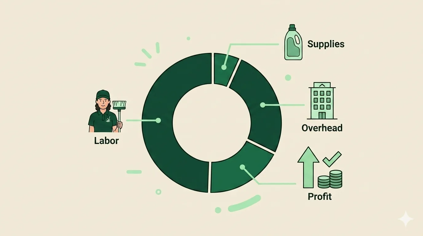 Simple chart visualizing a cleaning business P&L split with labor 40-50 percent, supplies 5-7 percent, overhead, and profit