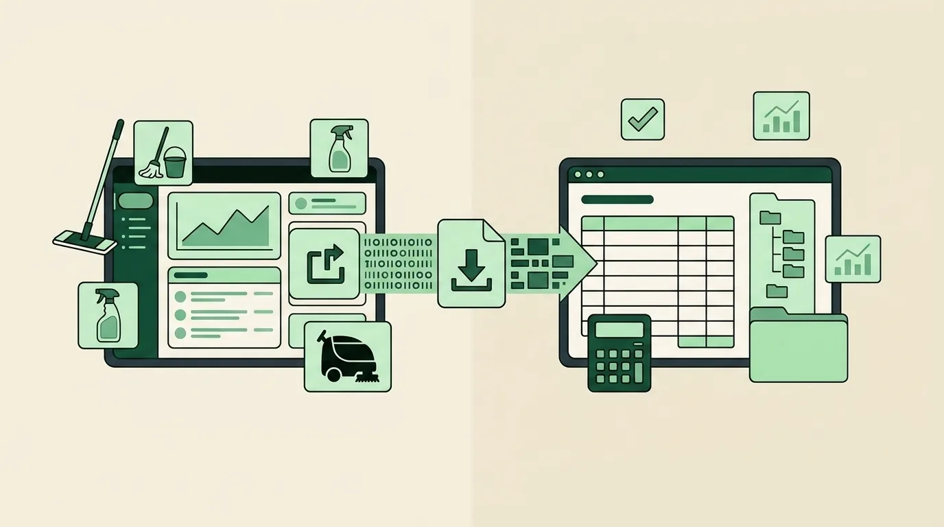 Split-screen illustration of invoice data flowing from a cleaning software dashboard into QuickBooks via export file