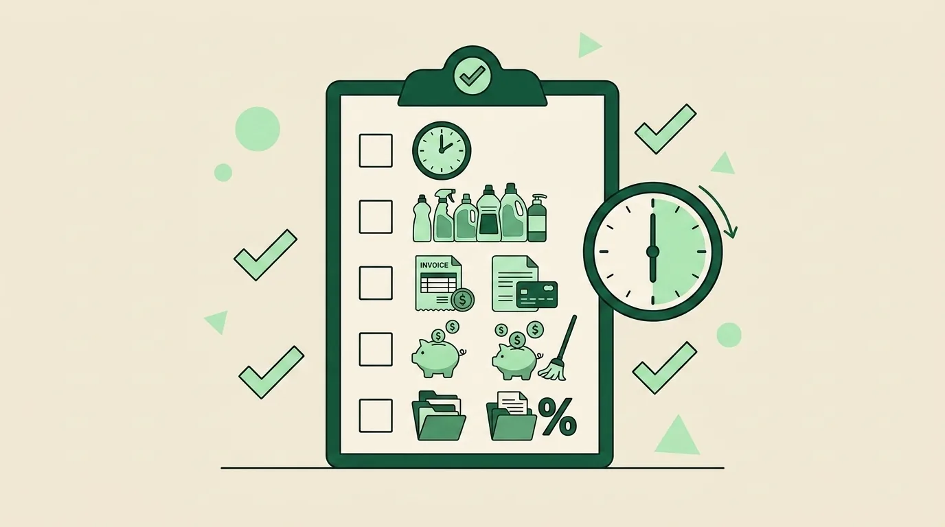 Month-end close checklist with five steps and a 30-minute timer styled as a clean editorial graphic