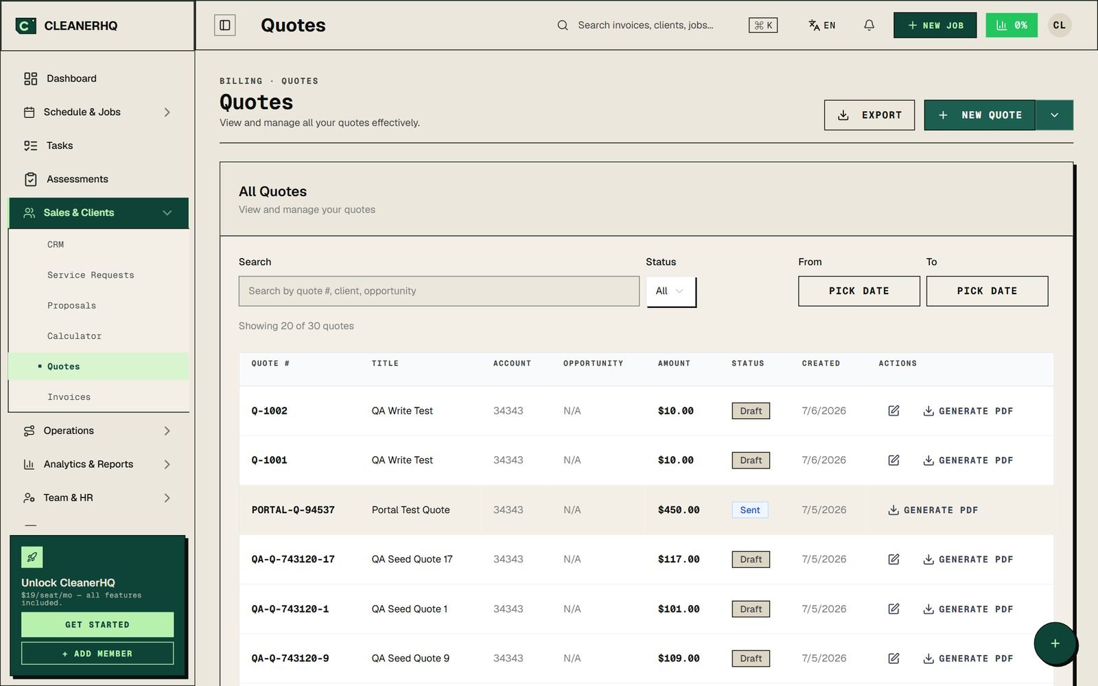 CleanerHQ quotes dashboard — the cleaning-specific Jobber alternative showing quote statuses, amounts, and one-click PDF