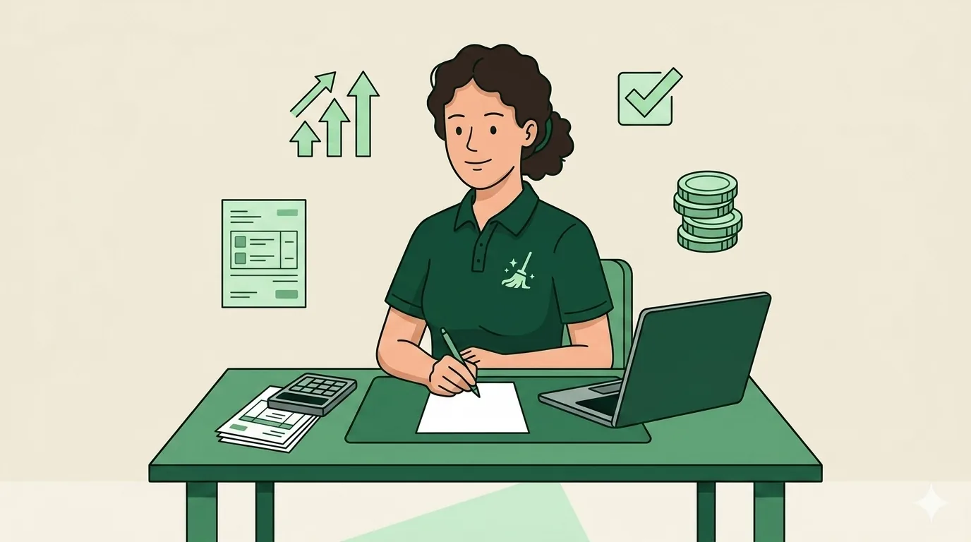 Cleaning business owner at a kitchen table calmly writing a price increase letter, calculator and supply invoices beside the laptop