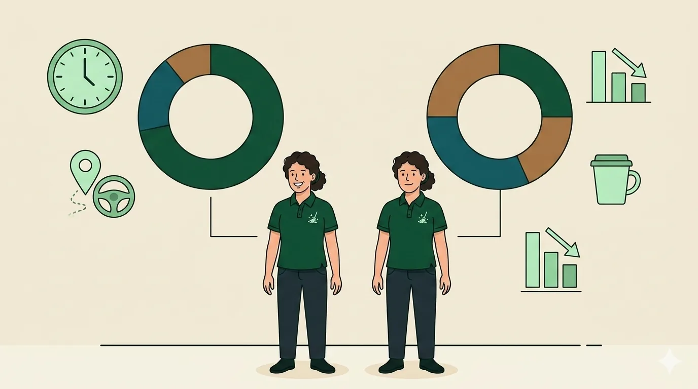 Diagram comparing a paid 40-hour week split into billable hours, drive time, and idle gaps for two different cleaners