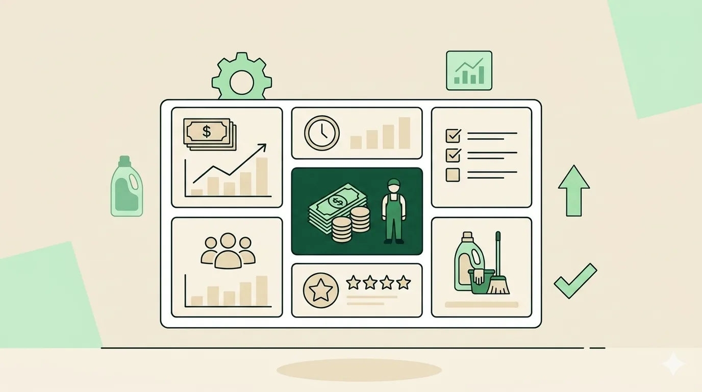 Clean dashboard mockup illustration showing seven KPI tiles with one highlighted in green for revenue per cleaner