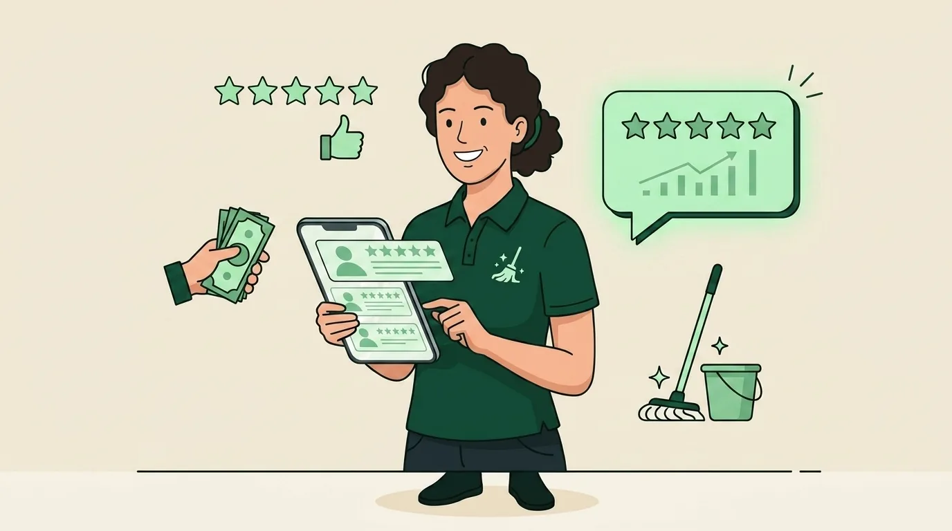 Cleaning business owner checking new five-star Google reviews on a phone after a completed job