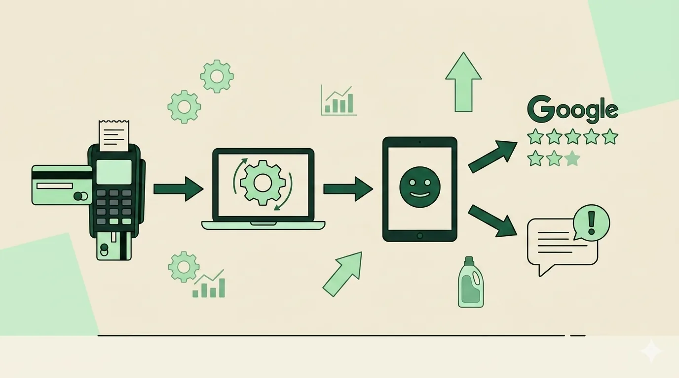 Flow diagram of an automated review request sequence from payment to Google review or private feedback