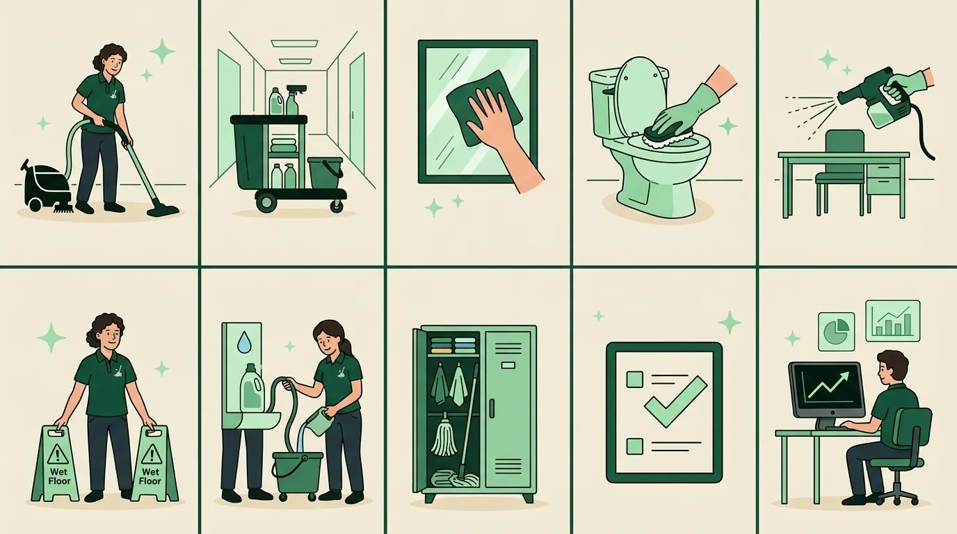 Grid illustration of the 10 cleaning SOPs organized as five job-type procedures and five operational procedures