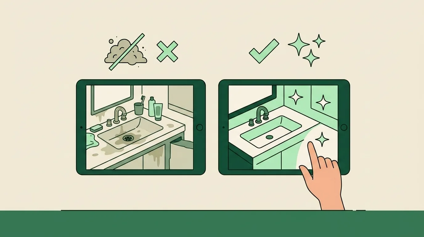 Before and after photos of a cleaned residential bathroom captured as SOP quality-check evidence