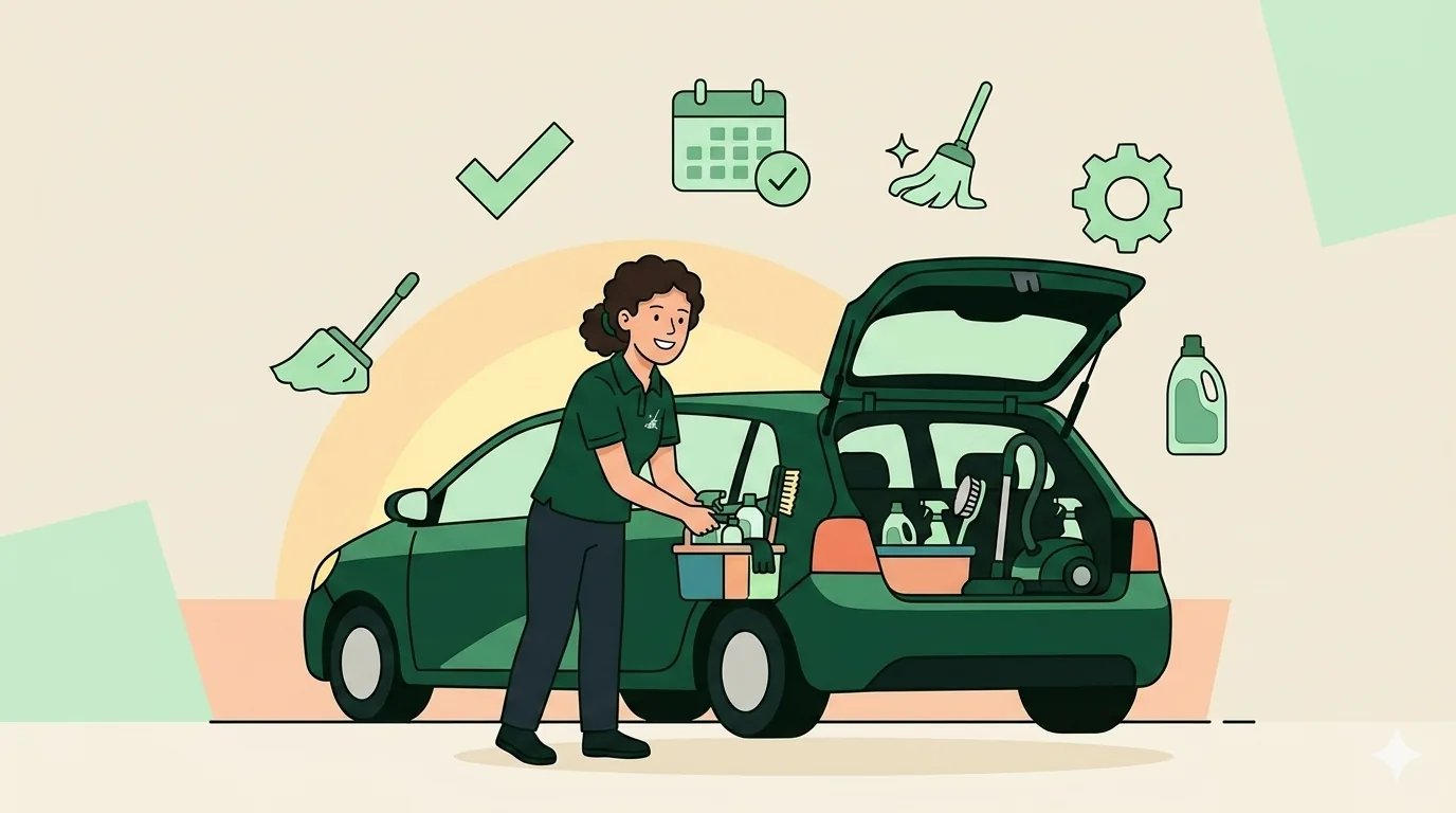 New cleaning business owner loading supplies into a car trunk at sunrise, ready for a first job