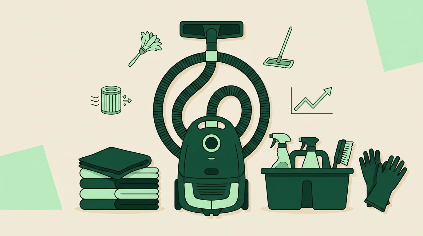 Flat-lay of a complete starter cleaning kit including HEPA vacuum, microfiber cloths, caddy with labeled bottles, and gloves