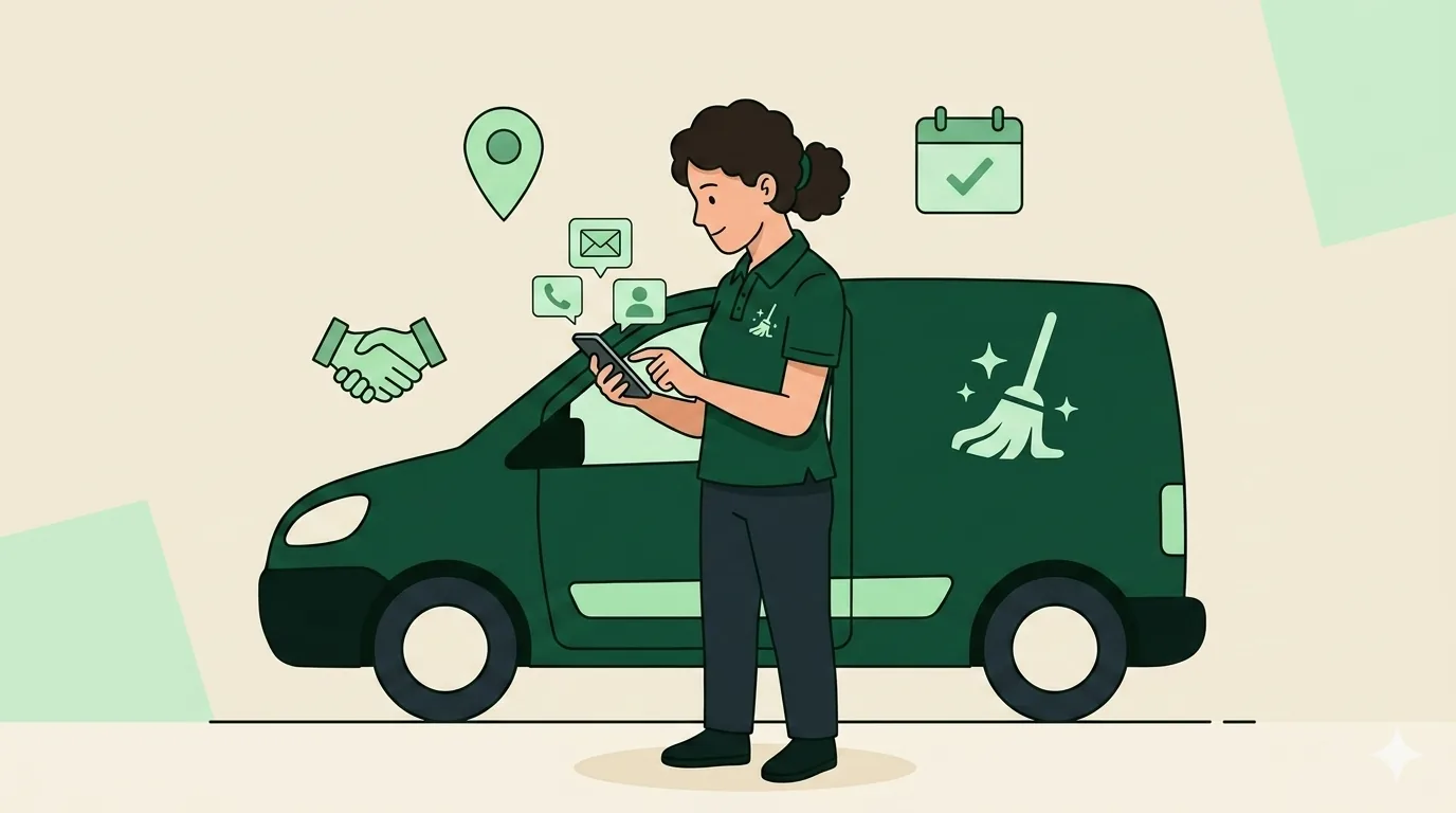 Cleaning business owner checking phone notifications for new leads while standing next to a branded car