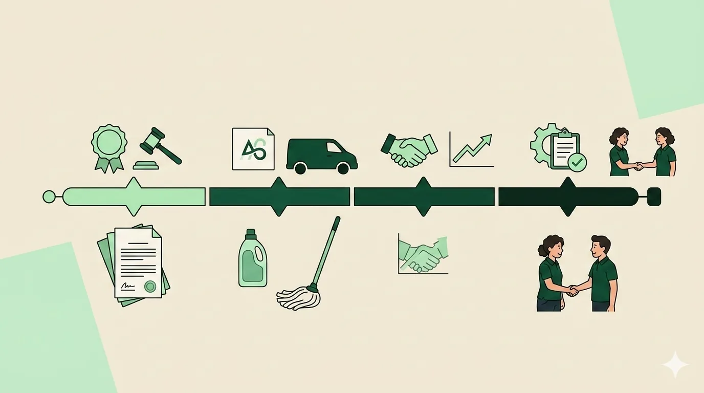 90-day cleaning business launch plan timeline showing four phases from legal setup to first hire decision