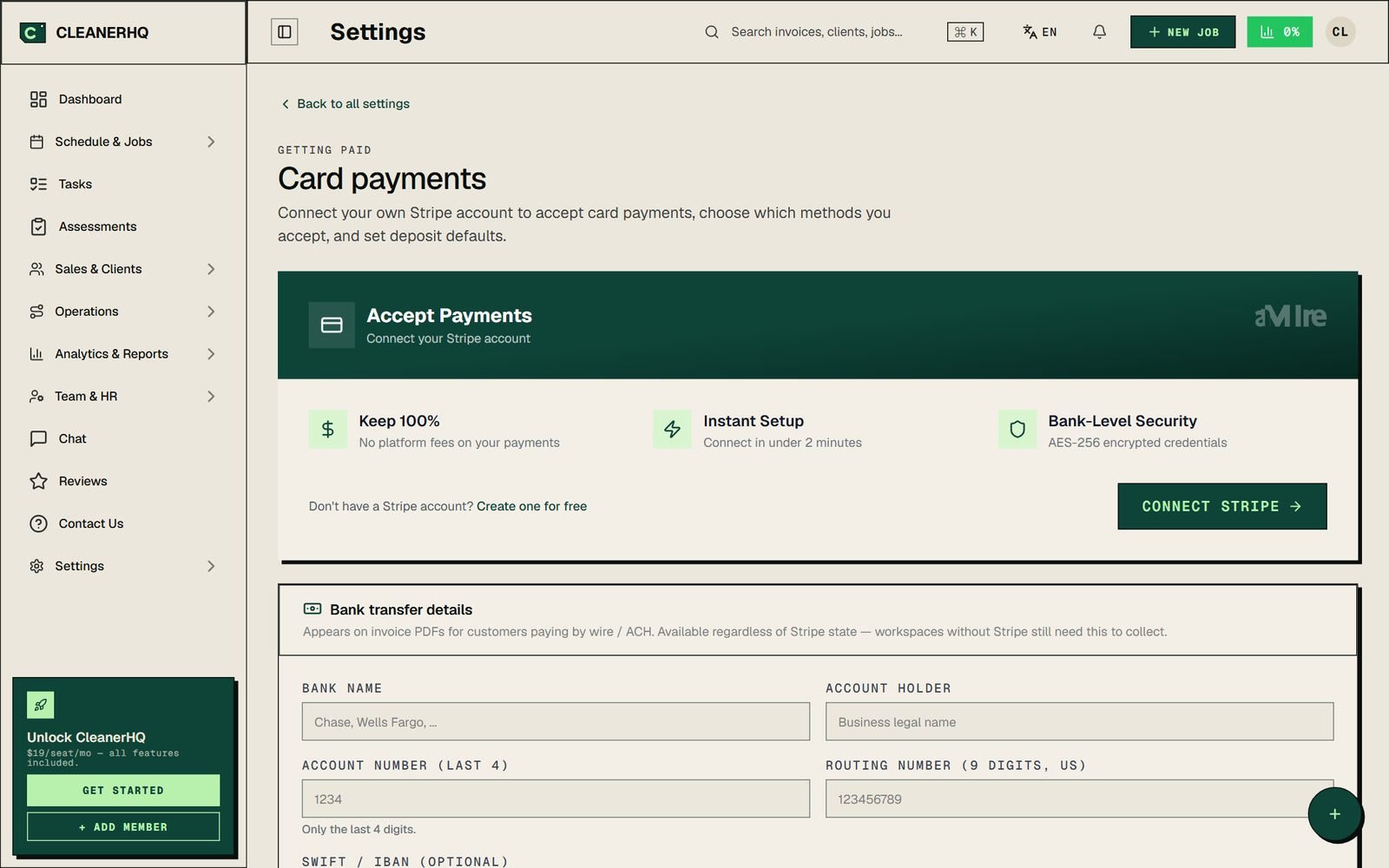 CleanerHQ payment settings — connect your own Stripe account, keep 100% with no platform fees, plus bank transfer details for invoices