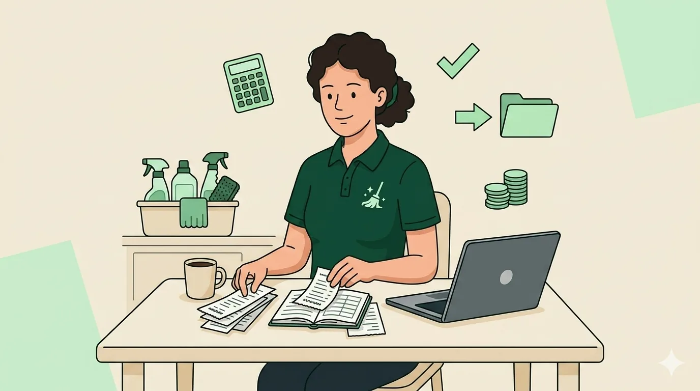 Cleaning business owner at a kitchen table sorting receipts and a mileage log next to a laptop, supply caddy in the background