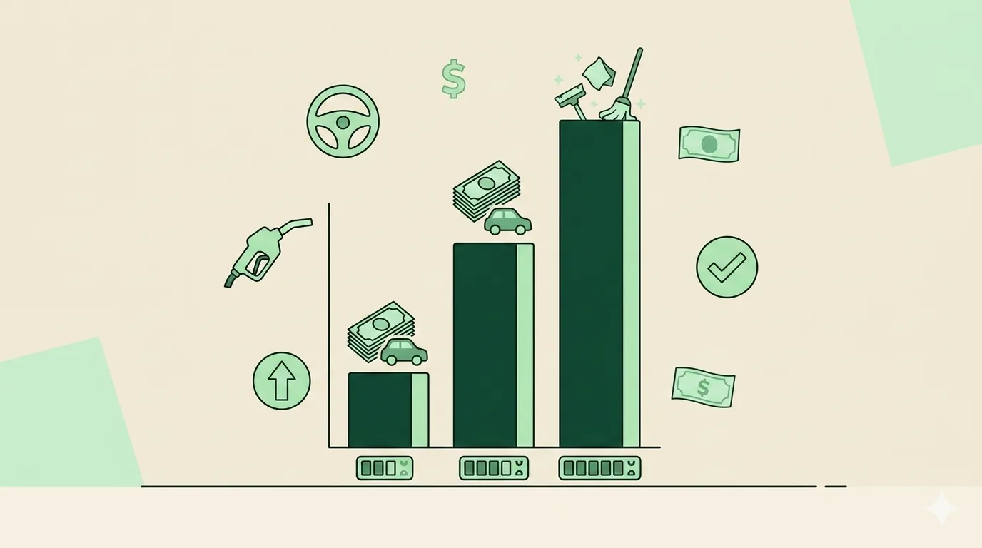 Bar chart showing 2026 mileage deduction value at 5,000, 12,000, and 20,000 business miles, $3,625, $8,700, and $14,500