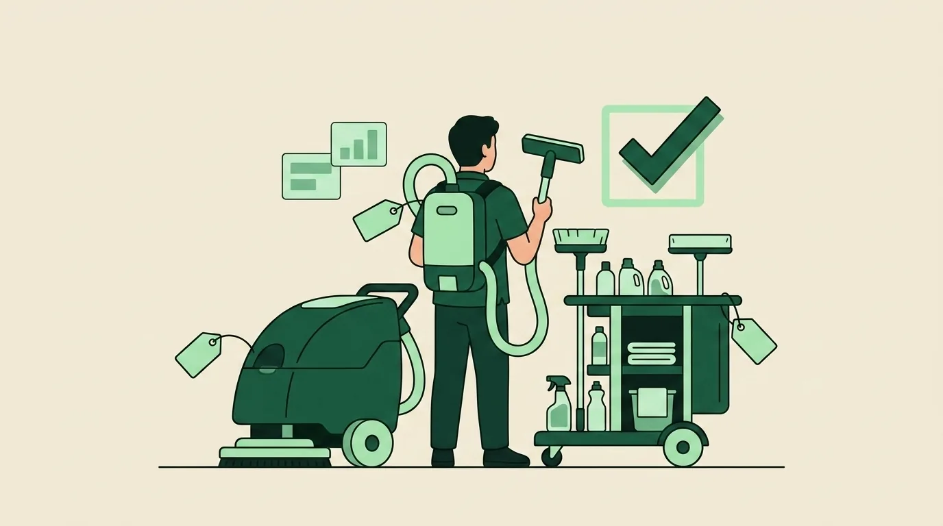 Clean editorial illustration of commercial cleaning equipment, floor scrubber, backpack vacuum, supply cart, with price tags and a green checkmark
