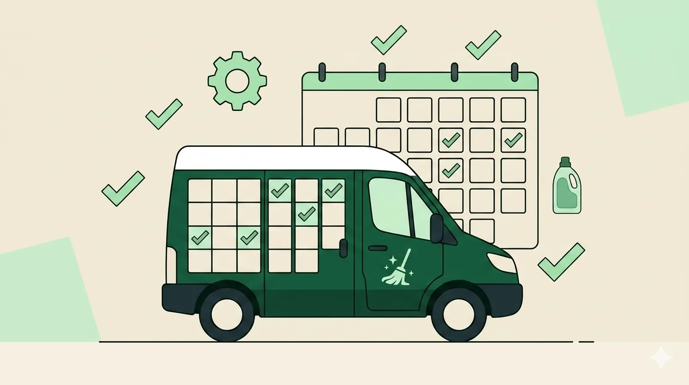 Year-end tax checklist illustration with a December calendar, checkmarks, and a cleaning company van