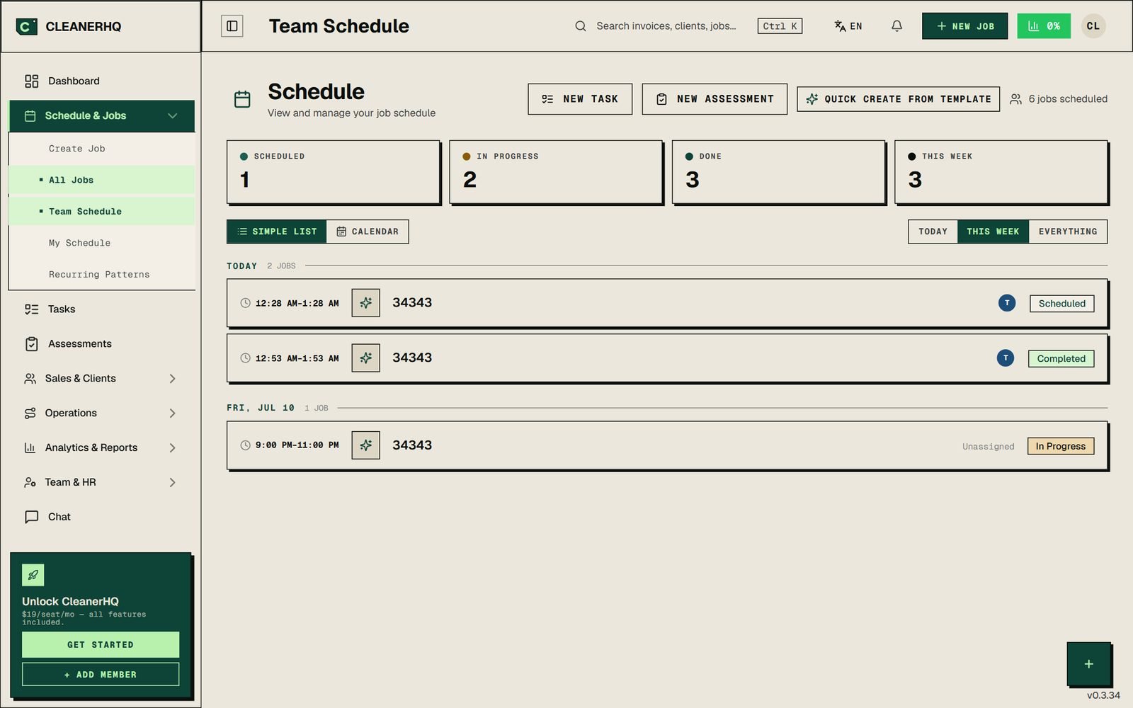 CleanerHQ team schedule for a cleaning business — job statuses, recurring patterns, and week view