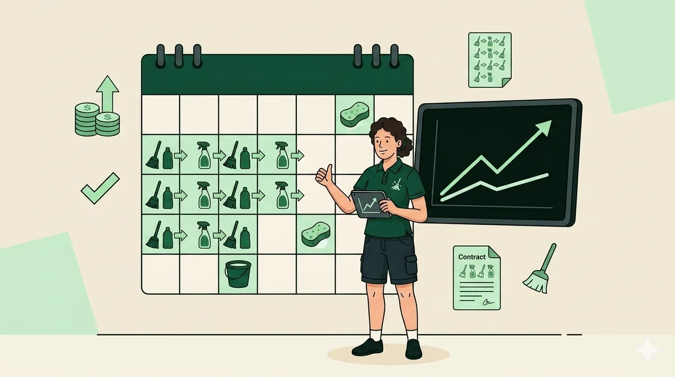 Calendar with repeating cleaning appointments and a rising revenue line contrasting one-off jobs with subscription contracts