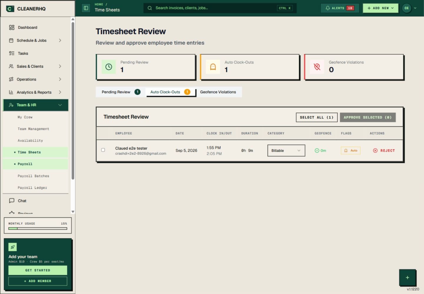 CleanerHQ Auto Clock-Outs tab with a time entry marked Auto and waiting for review