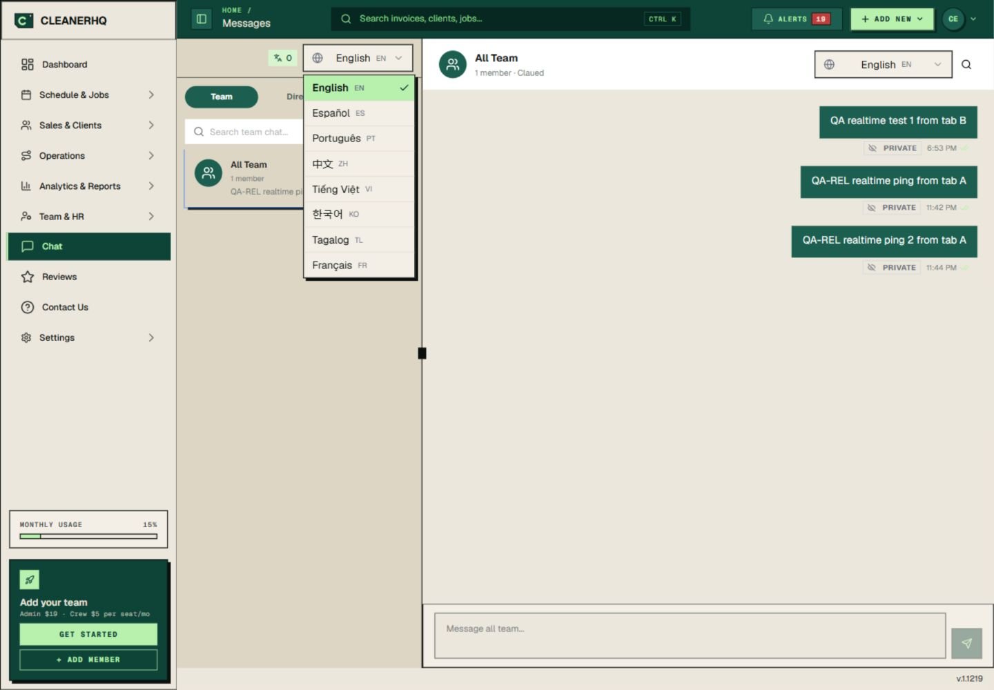 CleanerHQ team chat with the language menu open, including English, Spanish, Portuguese and French