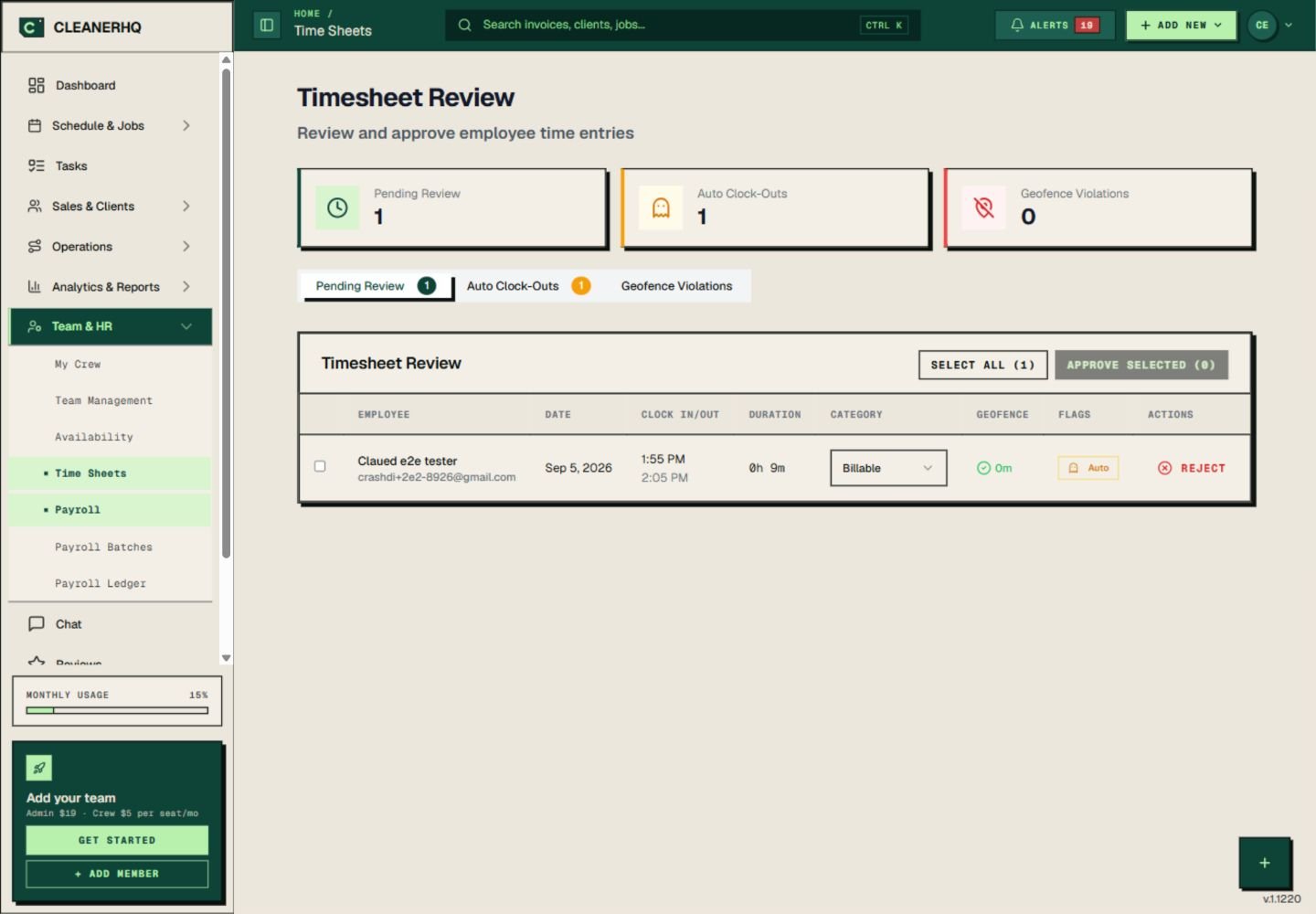 CleanerHQ timesheet review showing clock-in and clock-out times, duration and geofence distance